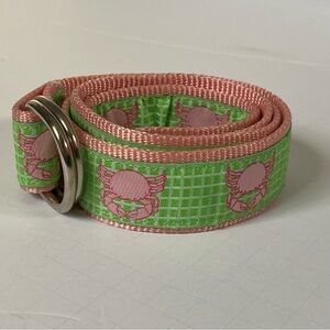 DOUGLAS PAQUETTE Canvas Crab Belt Size Small D-Ring Green Pink checks Preppy EUC